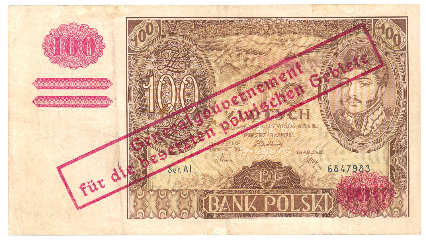 Banknot. 100 złotych 1934 seria AI, ORYGINALNY nadruk Generalnej Guberni - RZADKIE